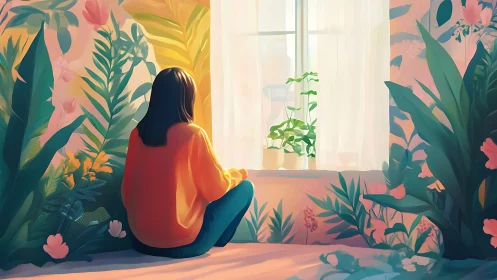 Woman sitting by window in lush indoor garden scene.