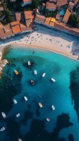 Sunlit coastal village overlooks tranquil turquoise bay dotted with boats.