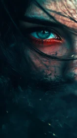 Cyan human eye in extreme close-up under dramatic teal light