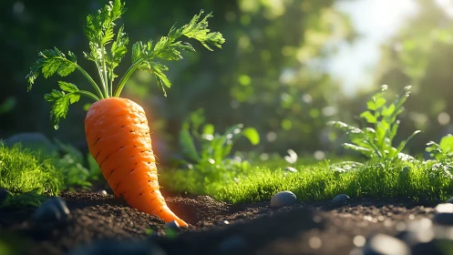 Carrot with leafy tops rendered in bright garden lighting