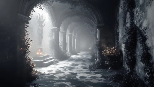 Moonlit ivy cloister where a silent goddess tends echoes.