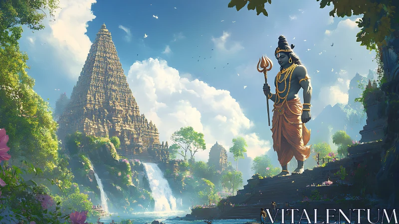 Majestic riverside temple and serene divine guardian glow