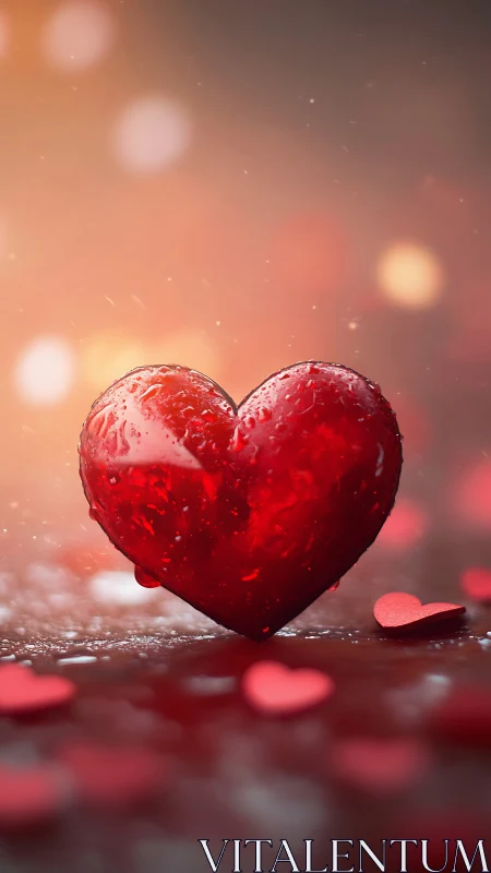 Luminous Red Heart Glistens with Dewdrops in Romantic Bokeh Setting