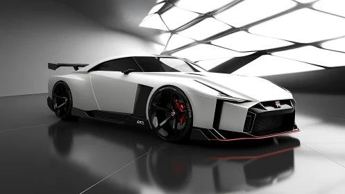 Futuristic white GT sports car waits in a sleek studio glow