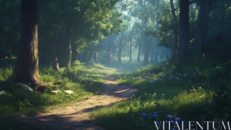 Forest Path Bathed in Golden Sunlight Through Canopy.