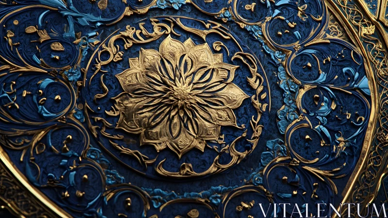 Ornate golden floral mandala on rich blue background, intricate detail.