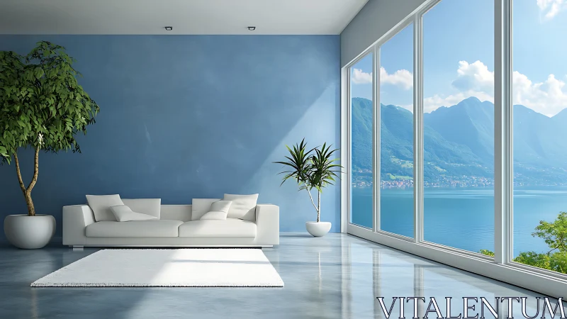 Minimalist lakeview living room unifying interior and landscape