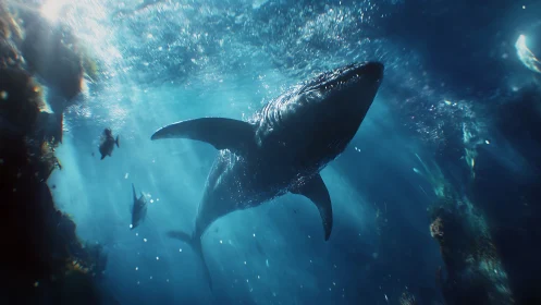 Sapphire leviathan gliding through cathedral light seas.