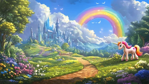 Enchanted rainbow kingdom with luminous unicorn companion.
