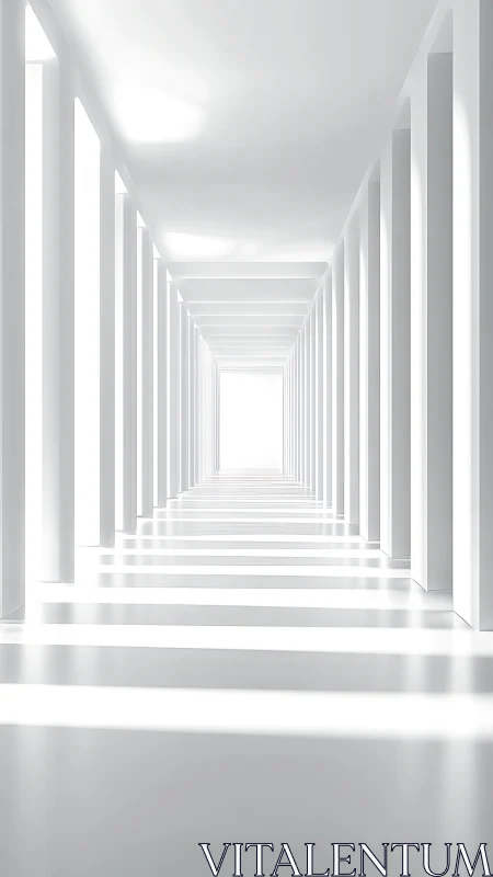 Minimal white corridor with repeating columns and bright light.