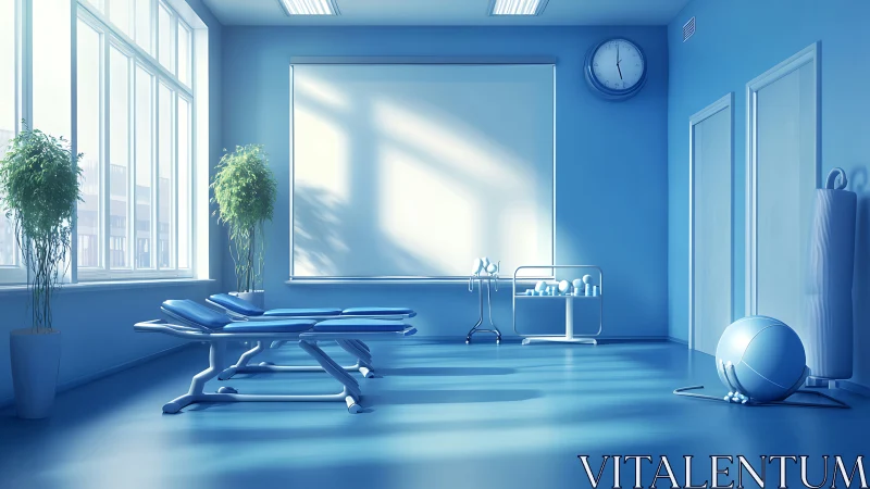 Sunlit physiotherapy studio rendered in clean digital minimalism