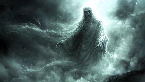 Spectral wraith emerging from swirling storm clouds.
