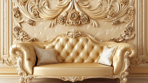Baroque tufted sofa against gilded floral relief wall paneling.