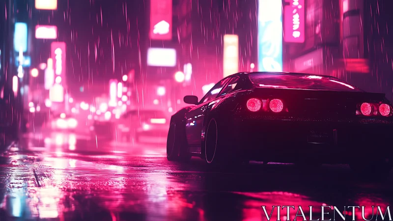 Neon drenched sports car in cinematic rainy night city street.