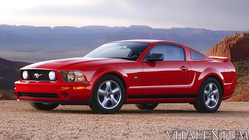 Red coupe car parked on gravel in desert canyon landscape.