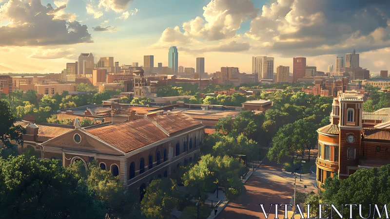 Sunlit historic district overlooks modern urban skyline