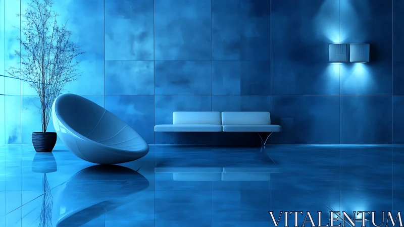 Cool blue lounge with sculpted chair and gentle glow.