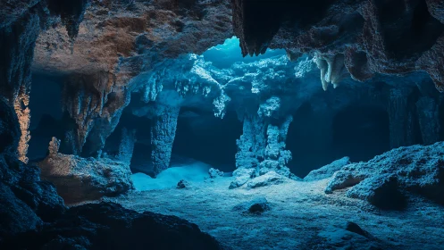Luminous blue cavern interior glows with ethereal underground light