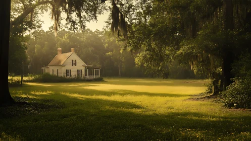 Backlit rural cottage framed by dense trees and low morning haze