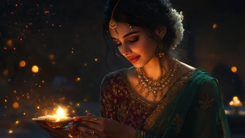 Graceful woman in traditional attire with diya, festive night scene.