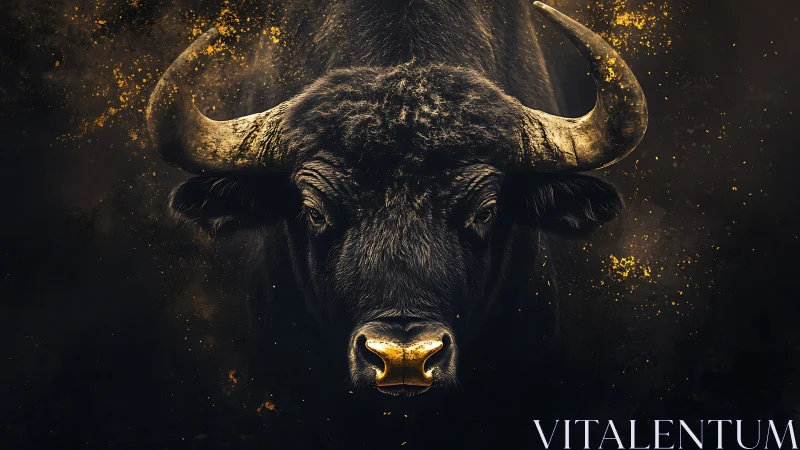 Golden dust bull portrait against dark dramatic void.