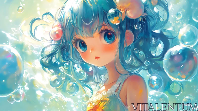 Digital portrait shows blue-haired girl amid translucent bubbles