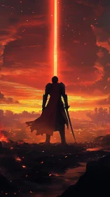 Figure with sword observes vertical energy beam at sunset