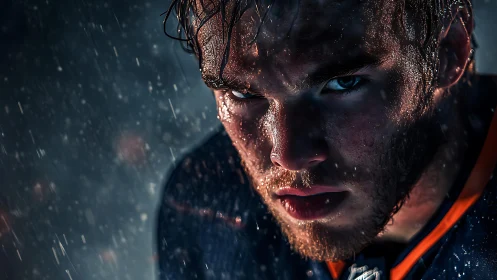Intense athlete stares through rain in a dramatic close portrait