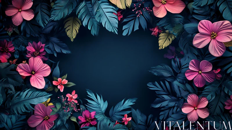 Pink Cosmos Flowers Frame Dark Navy Background