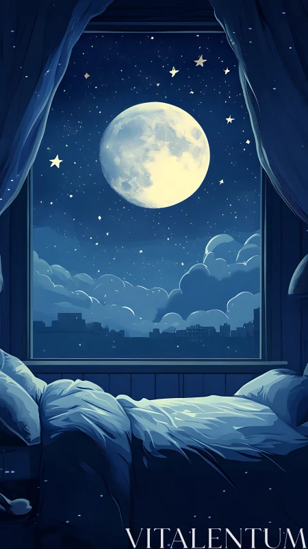 Moonlit bedroom window framing calm starry night sky.