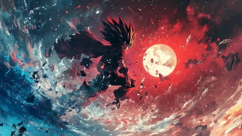 Celestial warrior leaping between shattered moon and storm.