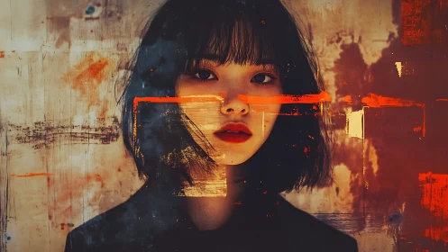 Surreal portrait of woman sliced by vivid orange strokes.