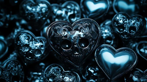 Ornamental Skull Hearts: Memento Mori in 3D Glass Rendering.