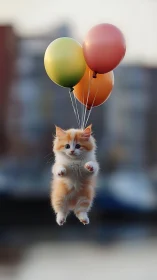 Kitten Floating with Colorful Balloons Against Urban Skyline