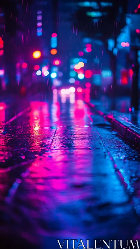 Neon rain reflections on wet urban street with bokeh lights.