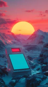 Neon terminal in arctic valley under synthetic sunscape panorama.