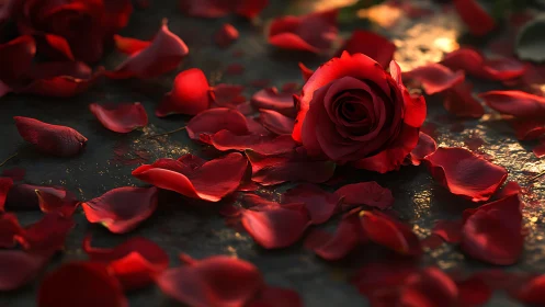 Red Rose on Dark Surface with Gold Accents.