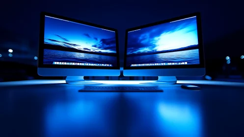 Calm dual monitors glow with soothing blue evening light.