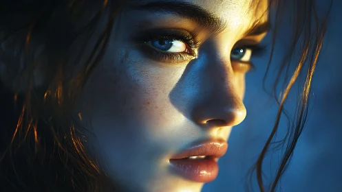 Cinematic close-up portrait with cobalt rim lighting profile.
