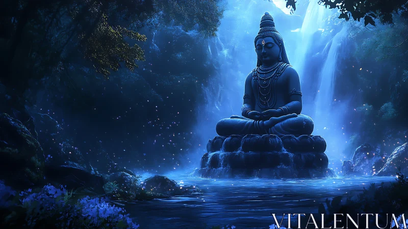 Serene blue deity statue in misty bioluminescent waterfall grove.
