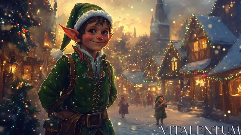 Smiling Christmas elf strolling through a glowing village street.