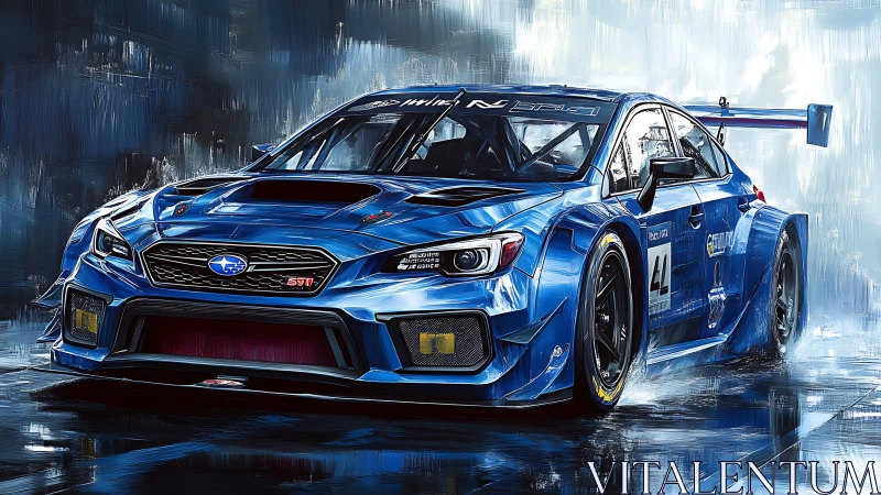 Electric blue race car poised for a thrilling wet lap.