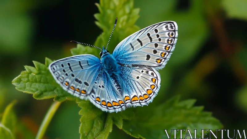Macro study of blue butterfly on foliage with soft bokeh field.