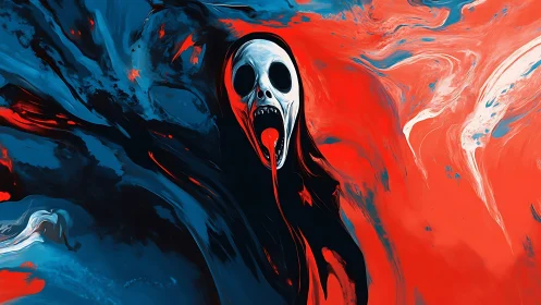 Screaming skull figure against swirling red and blue field.