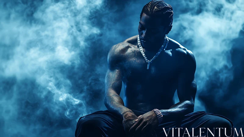 Photorealistic low-key portrait in cinematic blue smoke field.