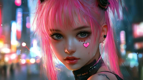 Neon cyberpunk girl with pink hair and glowing hearts.