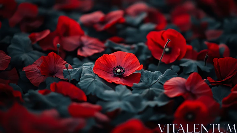 Crimson Sentinels: Where Scarlet Petals Meet Moody Shadows.