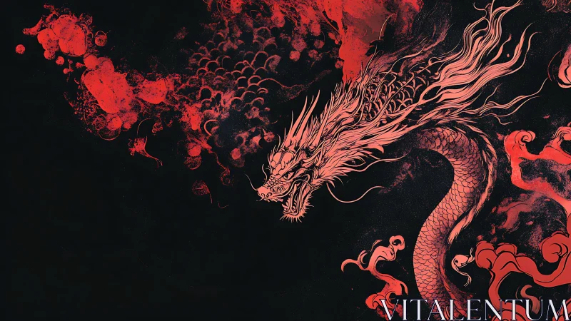 Fiery red dragon coils through smoky shadows with power