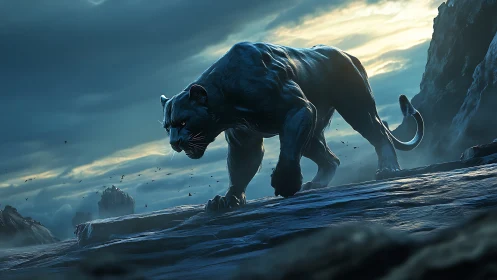 Black Panther Stalking Mountainous Cliff Terrain
