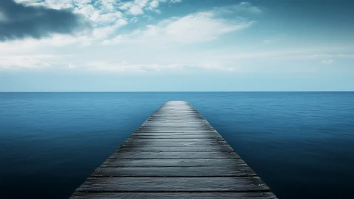 Wooden pier extending into calm open sea under clouds.